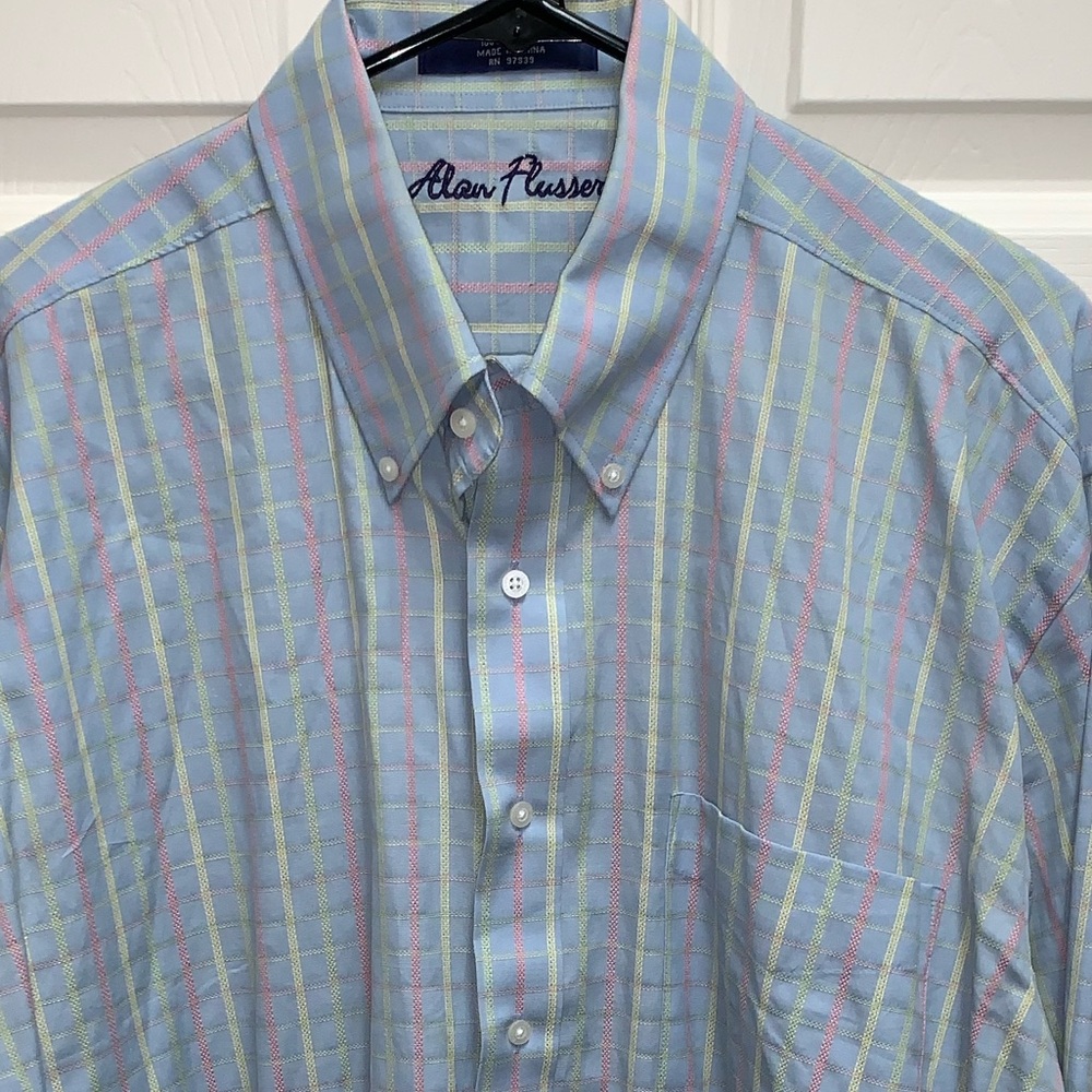 Alan Flusser Mens Large Plaid Blue Long Sleeve Multicolor Striped Button Down